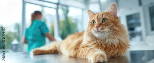 The attentive orange cat resting in a modern veterinary clinic setting.