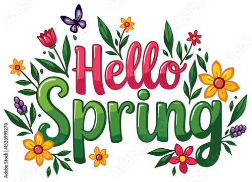 "Hello Spring" Green and Yellow Floral Lettering