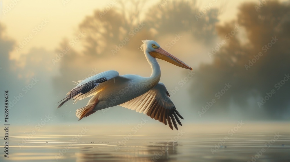 Obraz premium A majestic pelican in flight, captured over a misty lake at sunrise, embodying grace, freedom, and the beauty of nature in a tranquil setting.