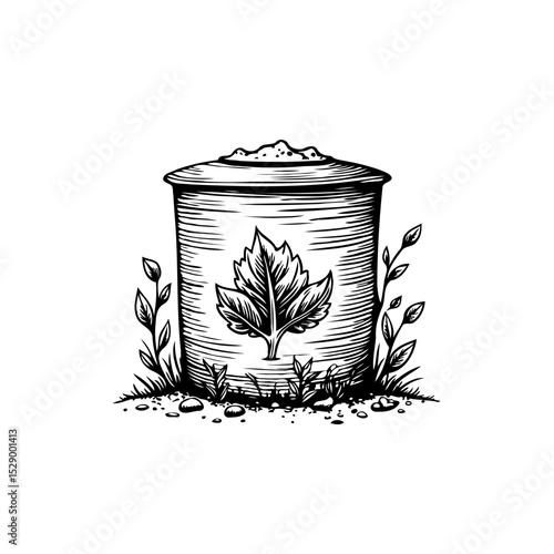 Engraved illustration of a compost bin with a leaf symbol representing recycling