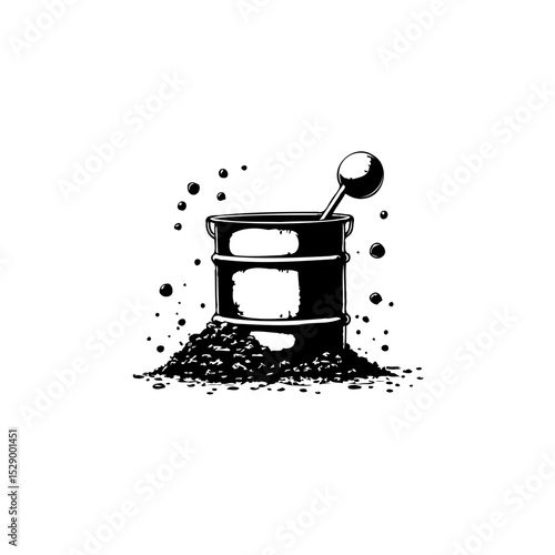 Conceptual illustration of oil barrel and pollution, environmental concerns depicted