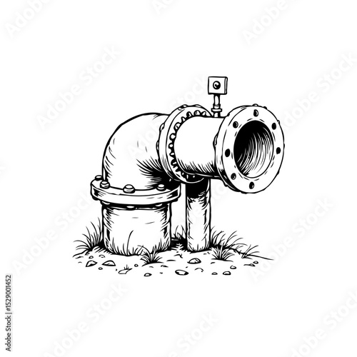 Industrial pipeline infrastructure sketch featuring flanged connections and valve system