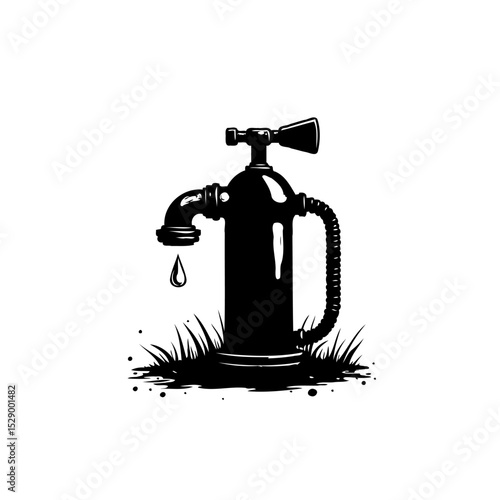 Abstract black and white depiction of a water tap with a drip falling down