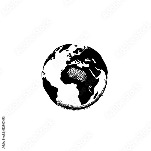 Monochrome globe illustration with prominent continents and a hatched ocean area
