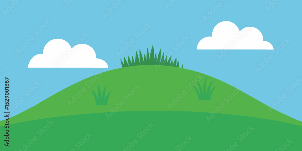 Fototapeta premium Scenic Grassy Hill Landscape Background with Green Grass and Blue Sky Vector Illustration