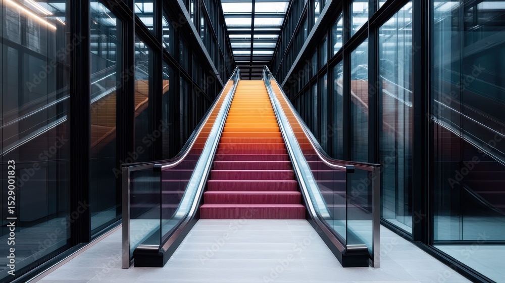 Obraz premium An architectural marvel showcasing a modern staircase with a colorful gradient design, reflecting contemporary style and sophistication in urban spaces.