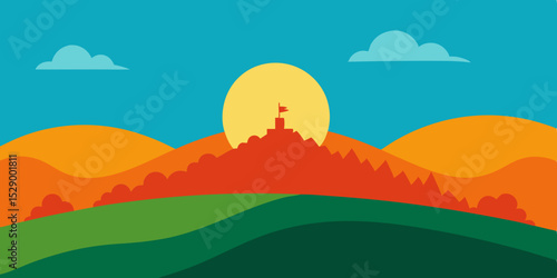 Scenic Hilltop View Landscape Background with Rolling Hills Vector Illustration