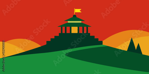 Enchanting Hilltop Temple Landscape Background with Asian Architecture Vector Illustration