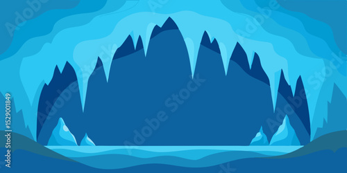 Cold Ice Cave Interior Background with Frozen Formations Vector Illustration
