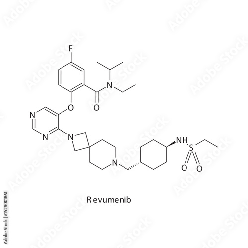 Revumenib chemical structure skeletal formula. Menin inhibitor drug used to treat Acute leukemias with KMT2A rearrangements or NPM1 mutations. Simple schematic illustration.