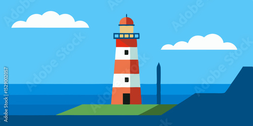 Scenic Lighthouse by the Sea Landscape Background with Rocky Coastline Vector Illustration
