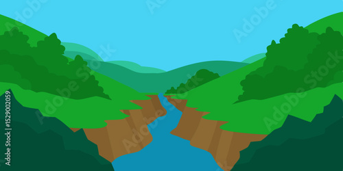 Vibrant Lush Ravine Landscape Background with Dense Greenery and Waterfall Vector Illustration