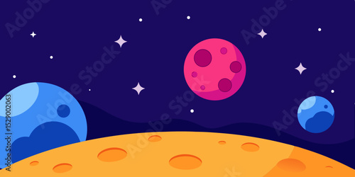 Detailed Lunar Surface with Distant Planets and Star Clusters Vector Illustration Background