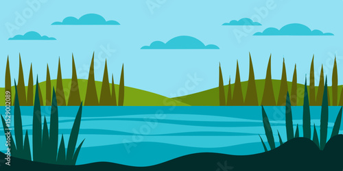 Eerie Marshland Landscape Background with Still Water and Reeds Vector Illustration