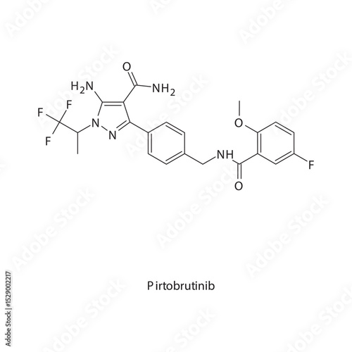 Pirtobrutinib chemical structure skeletal formula. Non-covalent BTK inhibitor drug used to treat B-cell malignancies, mantle cell lymphoma. Simple schematic illustration.