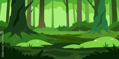 Lush Mossy Forest Floor Background with Green Moss and Ferns Vector Illustration