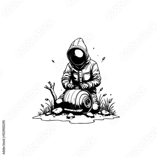 Monochrome portrayal of a hooded figure in a desolate landscape with surreal elements