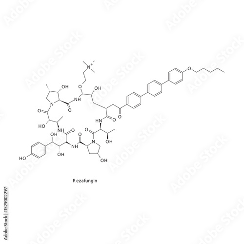Rezafungin chemical structure skeletal formula. Echinocandin antifungal drug used to treat Candidemia and invasive candidiasis. Simple schematic illustration.