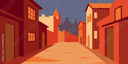 Charming Old Town Alley Scene Background with Cobblestone Streets Vector Illustration