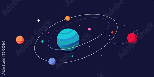 Dynamic Orbit Perspective View with Trail Arcs and Distant Planet Vector Illustration Background