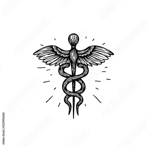 Hand-drawn Caduceus Symbol: Illustrative Medical Icon for Healthcare and Wellness