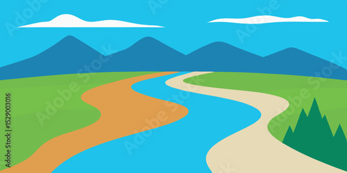 Scenic River Delta Landscape Background with Multiple Channels and Vegetation Vector Illustration