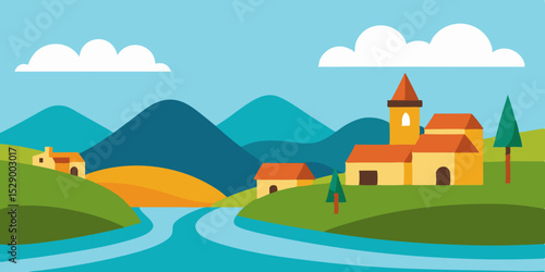 Picturesque Riverside Village Landscape Background with Houses and Flowing River Vector Illustration