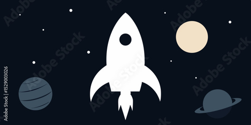 Striking Rocket Silhouette Against Full Planetary Alignment Vector Illustration Background