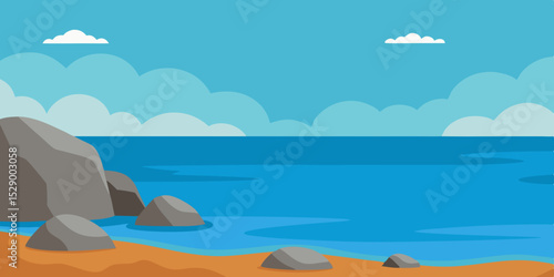 Rugged Rocky Shoreline Landscape Background with Ocean Waves Crashing Vector Illustration