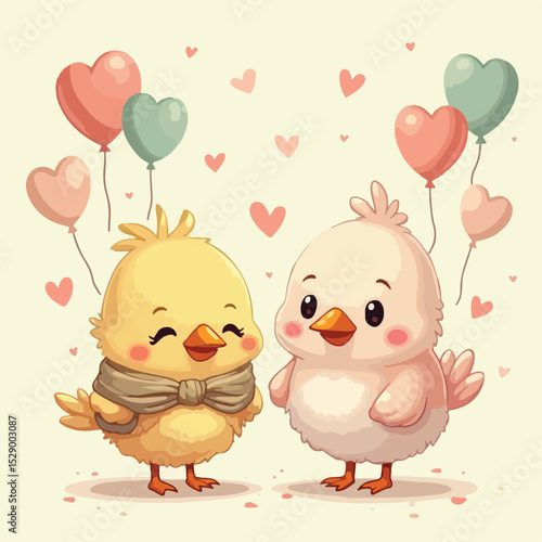 two fluppy chicken with love ballons