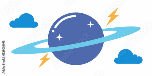 Dramatic Saturn Like Planet with Lightning Bolts and Stormy Clouds Vector Illustration Background