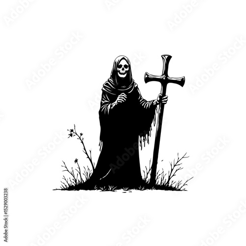 Grim Reaper's Vigil: A stark depiction of death holding a cross in monochrome