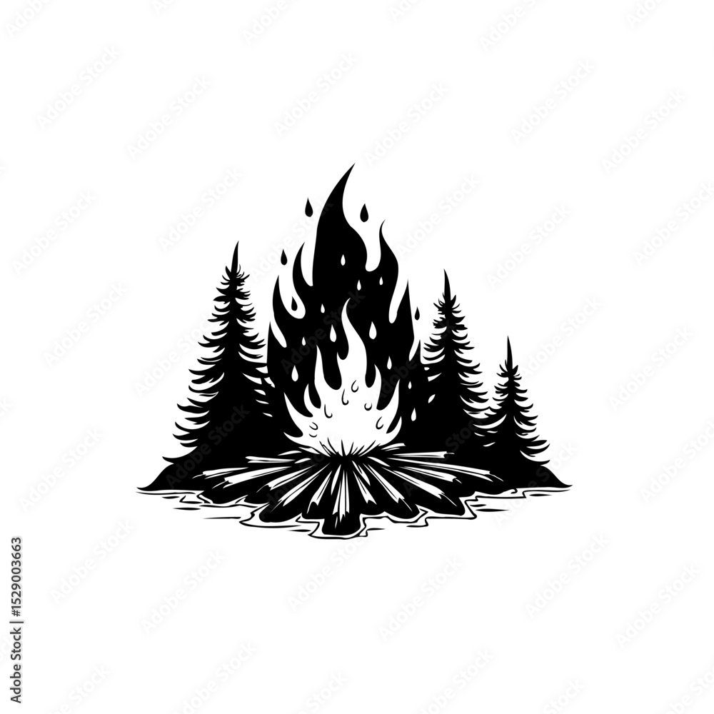 Obraz premium Monochrome forest camp fire illustration with trees and burning logs vector
