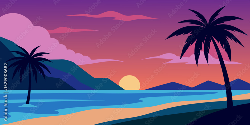 Serene Tropical Beach at Dusk Landscape Background with Sunset Colors Vector Illustration Serene Tropical Beach at Dusk Landscape Background with Sunset Colors Vector Illustration