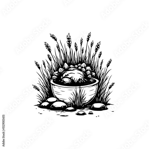 Hand-drawn illustration of a bowl with grains surrounded by rocks and plants