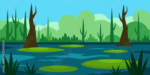 Mysterious Swamp Landscape Background with Still Water and Cypress Trees Vector Illustration