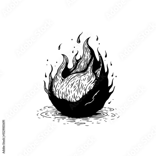 Illustration of a stylized black and white flame with intricate line work drawing