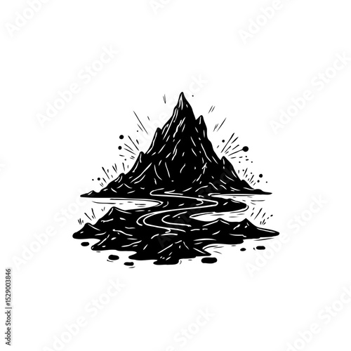Minimalist mountain illustration with winding river in black and white design