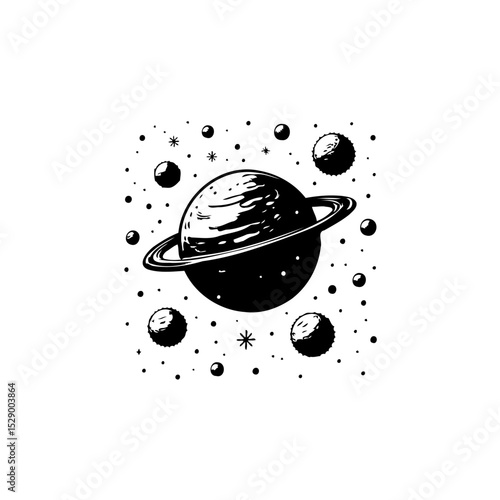 Elegant depiction of saturn surrounded by moons and stars in a minimalist design