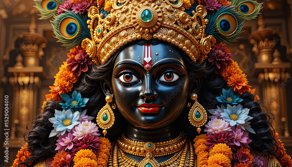 Fototapeta premium Exquisite portrait of a hindu deity adorned with flowers and golden jewelry