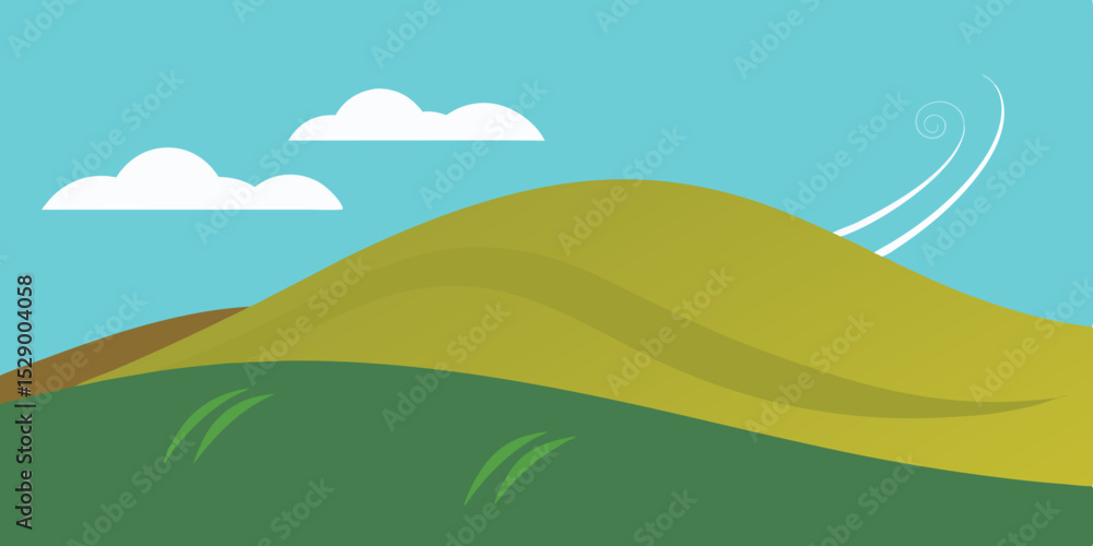 Fototapeta premium Scenic Windy Hill Landscape Background with Blowing Grass Vector Illustration