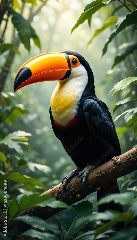 Fototapeta premium A toucan perched on a branch surrounded by green foliage in a lush tropical environment scene view .