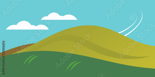 Scenic Windy Hill Landscape Background with Blowing Grass Vector Illustration