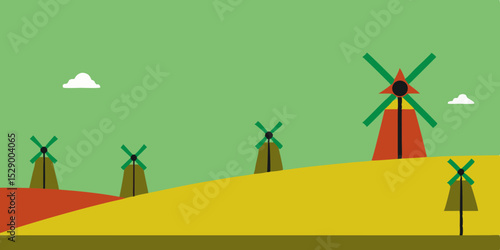 Scenic Windmill Field Landscape Background with Traditional Windmills Vector Illustration