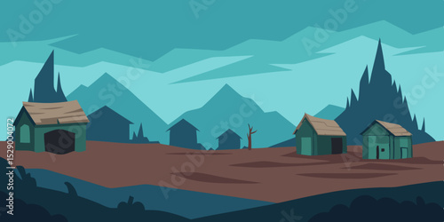 Eerie Abandoned Village Landscape Background with Dilapidated Buildings Vector Illustration