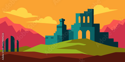 Historic Ancient Castle Ruins Landscape Background with Weathered Stone Vector Illustration