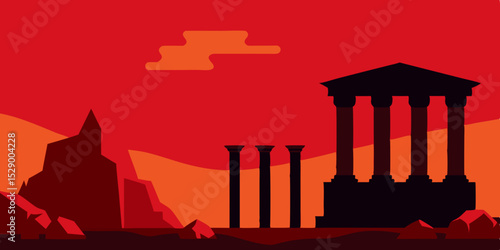 Mysterious Ancient Ruins Landscape Background with Stone Structures Vector Illustration