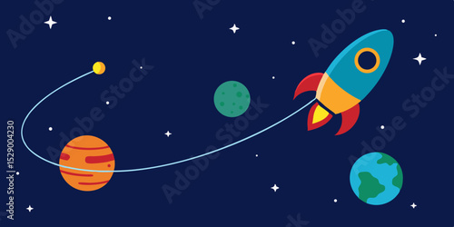 Dynamic Animated Rocket Crossing Between Orbit Trails and Colorful Planets Vector Illustration Background
