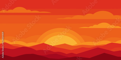Vibrant Burning Sunset Sky Landscape Background with Fiery Clouds Vector Illustration
