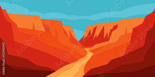 Dramatic Canyon Landscape Background with Steep Walls and River Vector Illustration